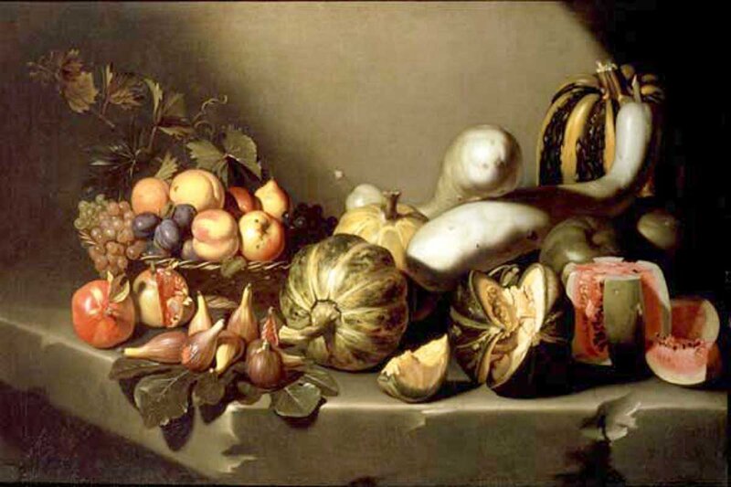 Still Life with Fruit and Vegetables — Brown, Dramatic