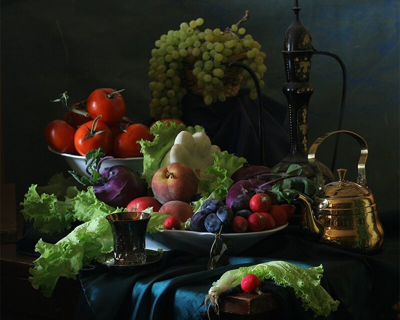 Still Life with Fruit and Vegetables — Green, Dramatic
