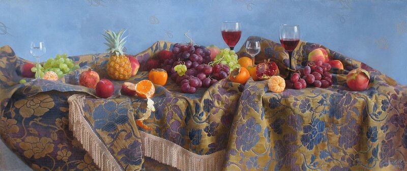 Still life with fruit and wine