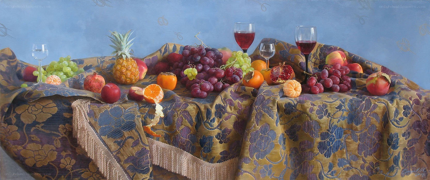 Still life with fruit and wine