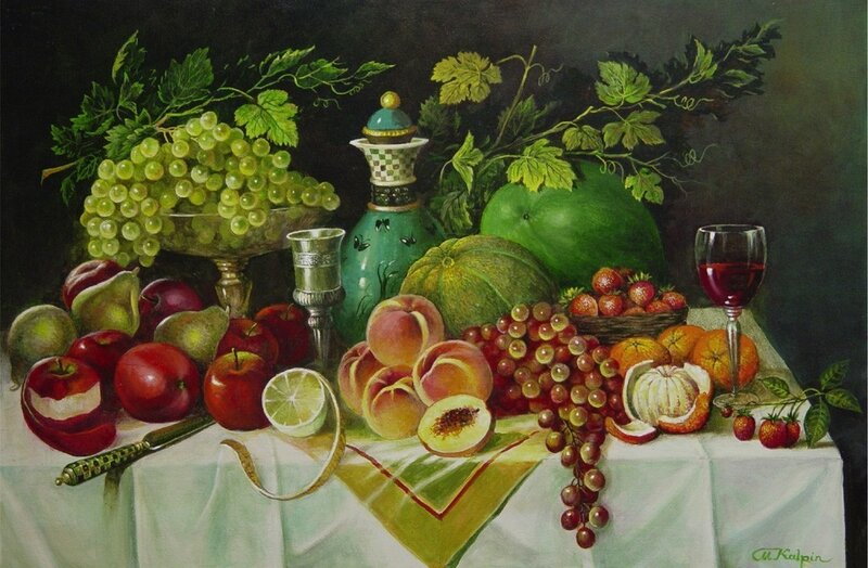 Still life with fruit and wine