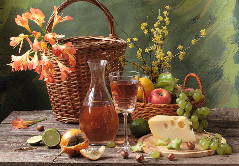 Still life with fruit and wine