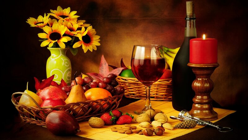 Still Life with Fruit and Wine — Brown, Dramatic, Night, Photograph