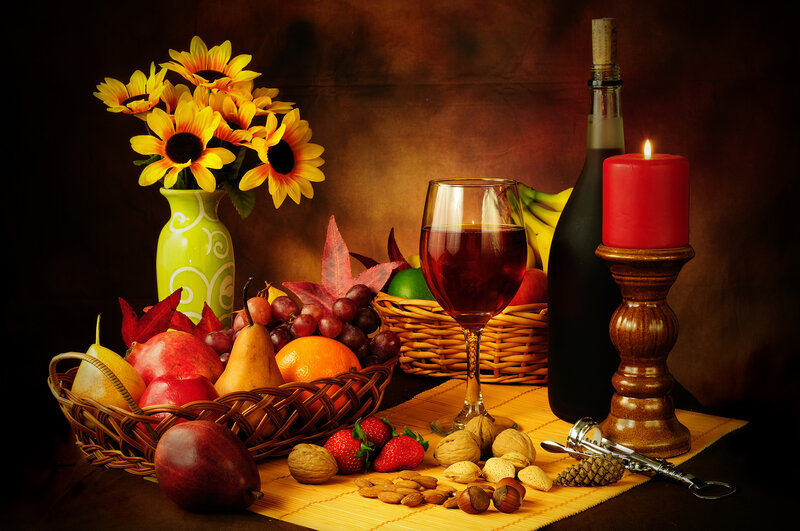 Still Life with Fruit and Wine — Brown, Dramatic, Night