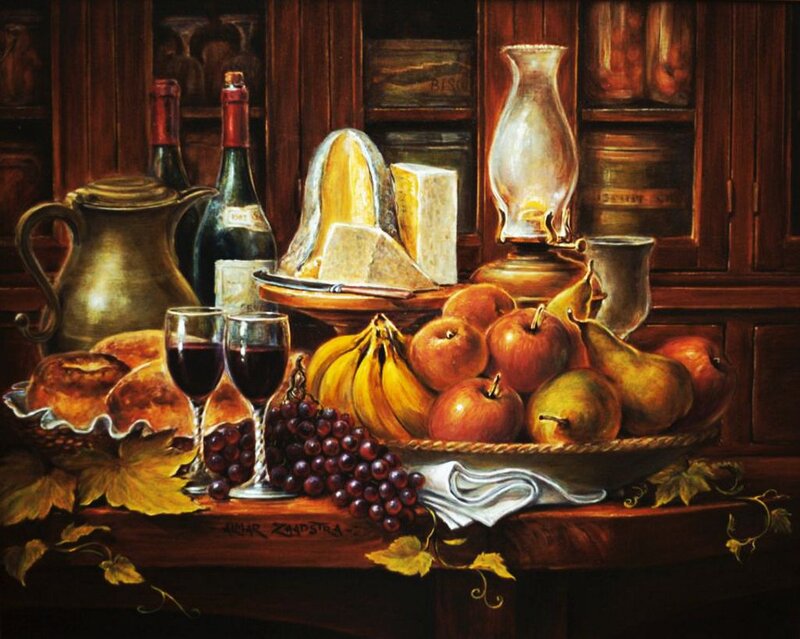 Still Life with Fruit and Wine — Brown, Dramatic, Painting, Cheese