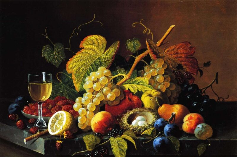 Still Life with Fruit and Wine — Brown, Dramatic, Painting, Grapes
