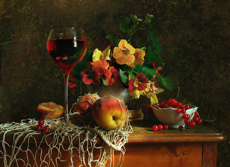 Still Life with Fruit and Wine — Brown, Dramatic, Painting