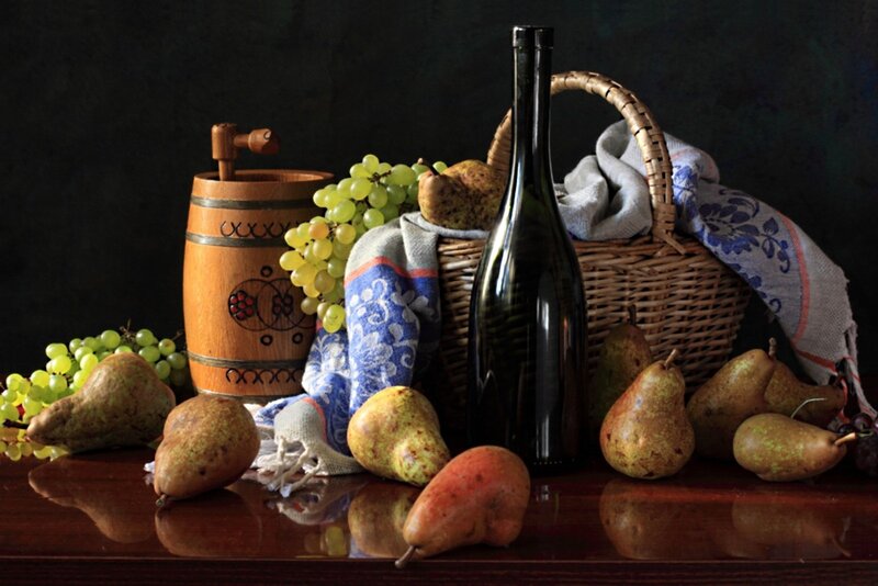 Still Life with Fruit and Wine — Brown, Dramatic, Photograph, Grapes, Pears