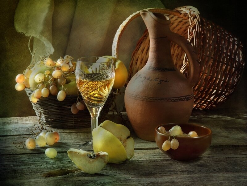 Still Life with Fruit and Wine — Brown, Dramatic, Photograph, Grapes