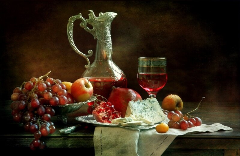 Still Life with Fruit and Wine — Brown, Dramatic, Photograph