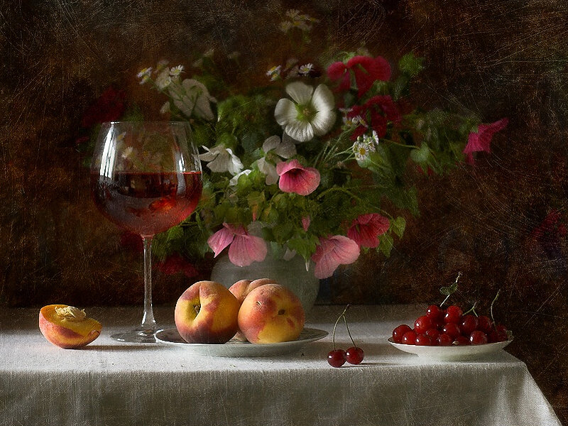 Still Life with Fruit and Wine — Brown, Dramatic