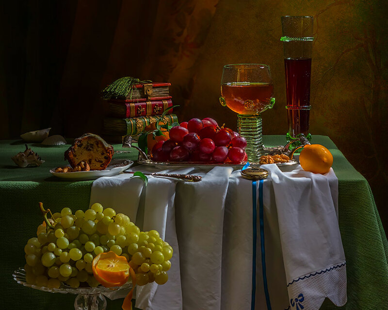 Still Life with Fruit and Wine — Green, Dramatic, Photograph