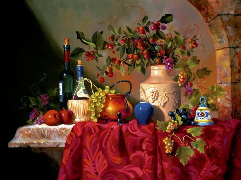 Still Life with Fruit and Wine — Red, Dramatic, Painting, Bottles, Grapes
