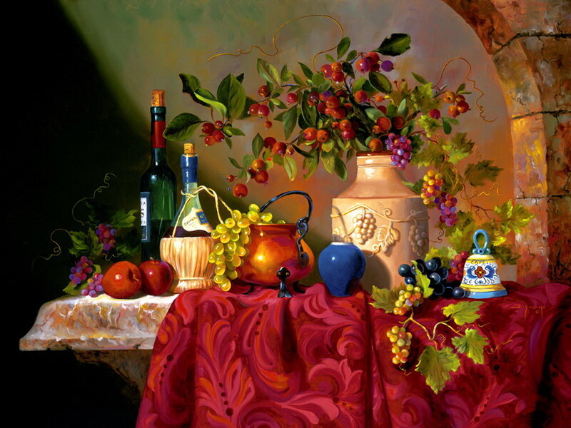 Still Life with Fruit and Wine — Red, Dramatic, Painting, Bottles