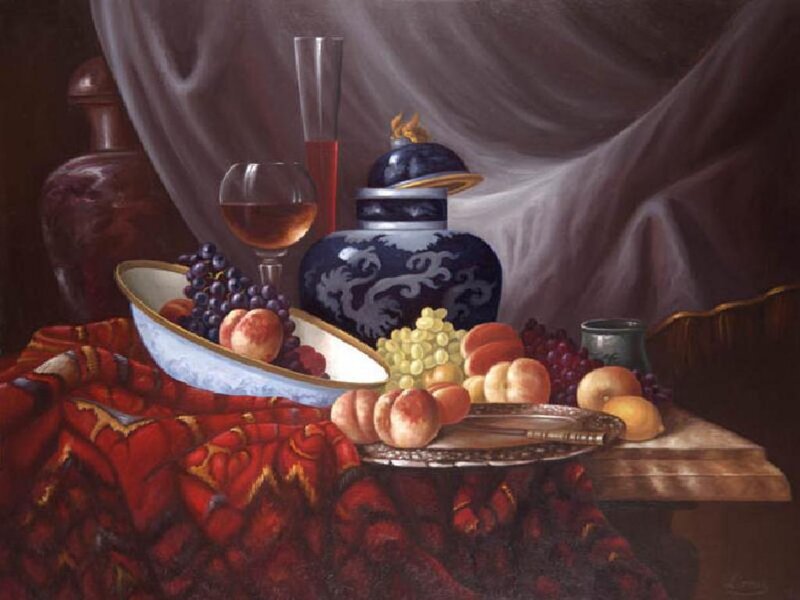 Still Life with Fruit and Wine — Red, Dramatic, Painting