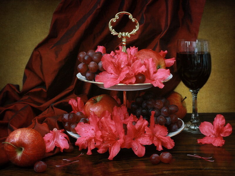 Still Life with Fruit and Wine — Red, Dramatic, Photograph
