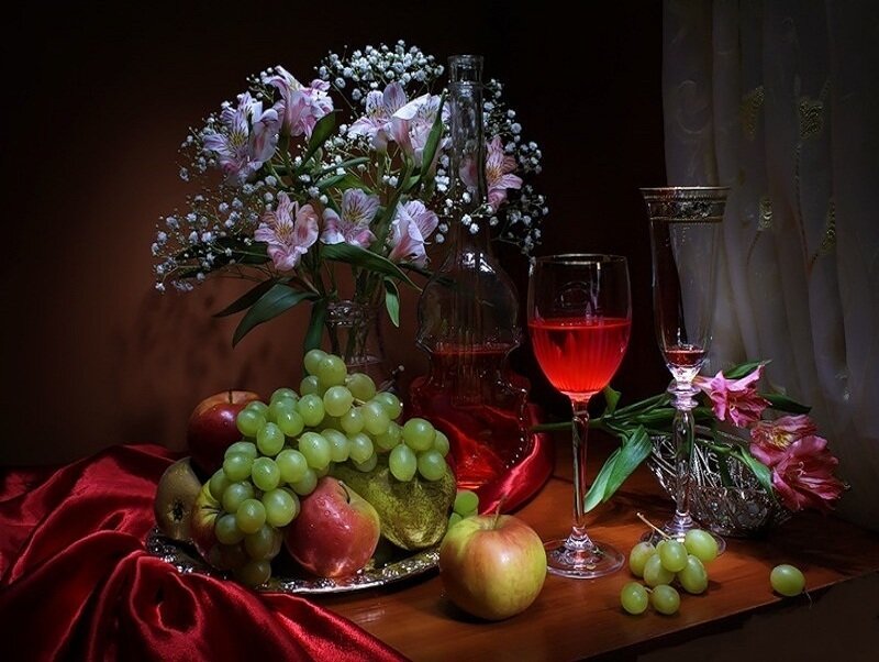 Still Life with Fruit and Wine — Red, Dramatic