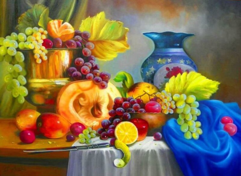 Still Life with Fruit — Blue, Dramatic, Painting, Grapes