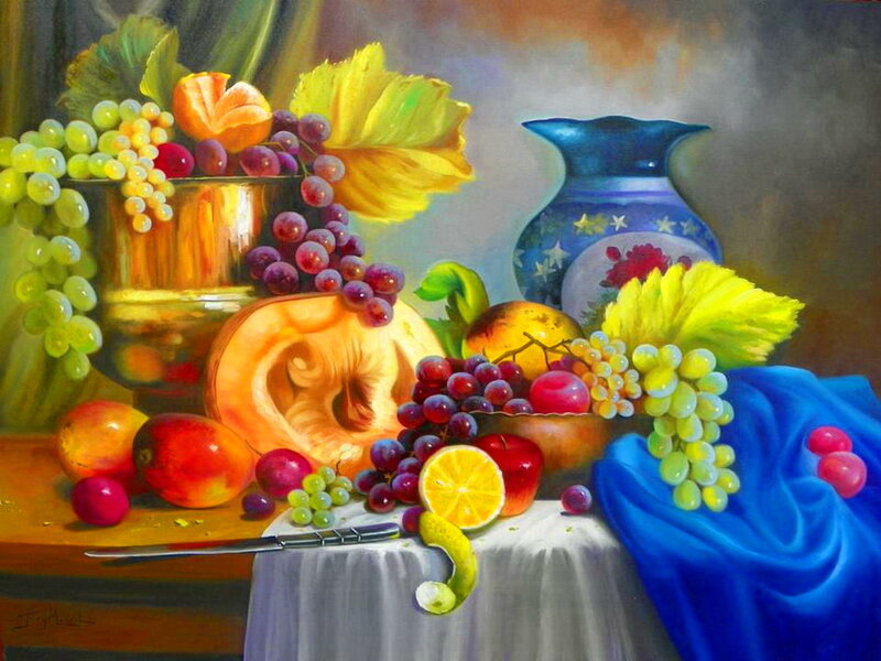 Still Life with Fruit — Blue, Dramatic, Painting