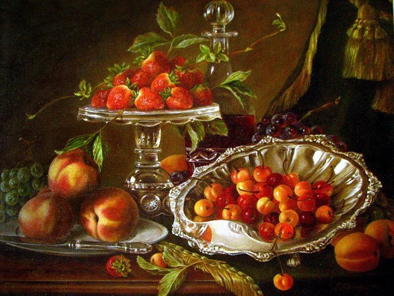 Still Life with Fruit — Brown, Dramatic, Painting