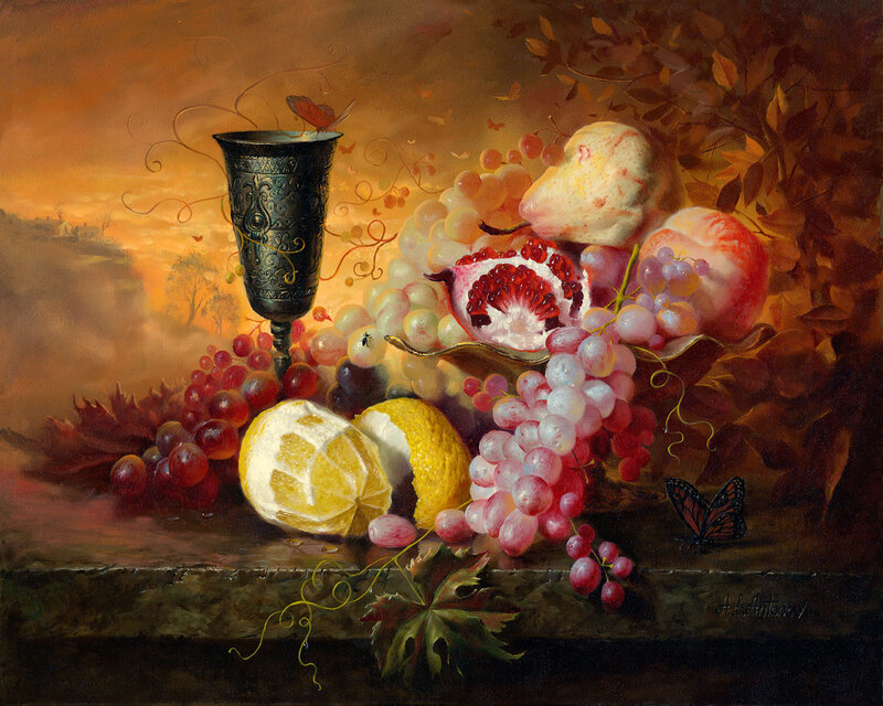 Still Life with Fruit — Brown, Dramatic, Sunset