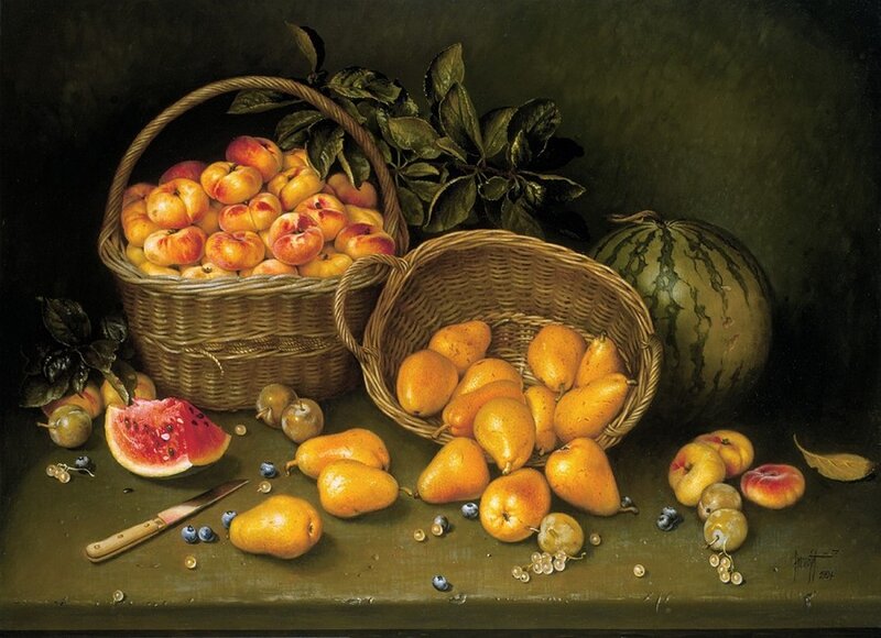 Still Life with Fruit — Green, Dramatic, Painting, Basket