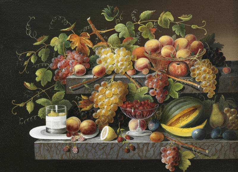 Still Life with Fruit — Green, Dramatic, Painting, Grapes, Peaches