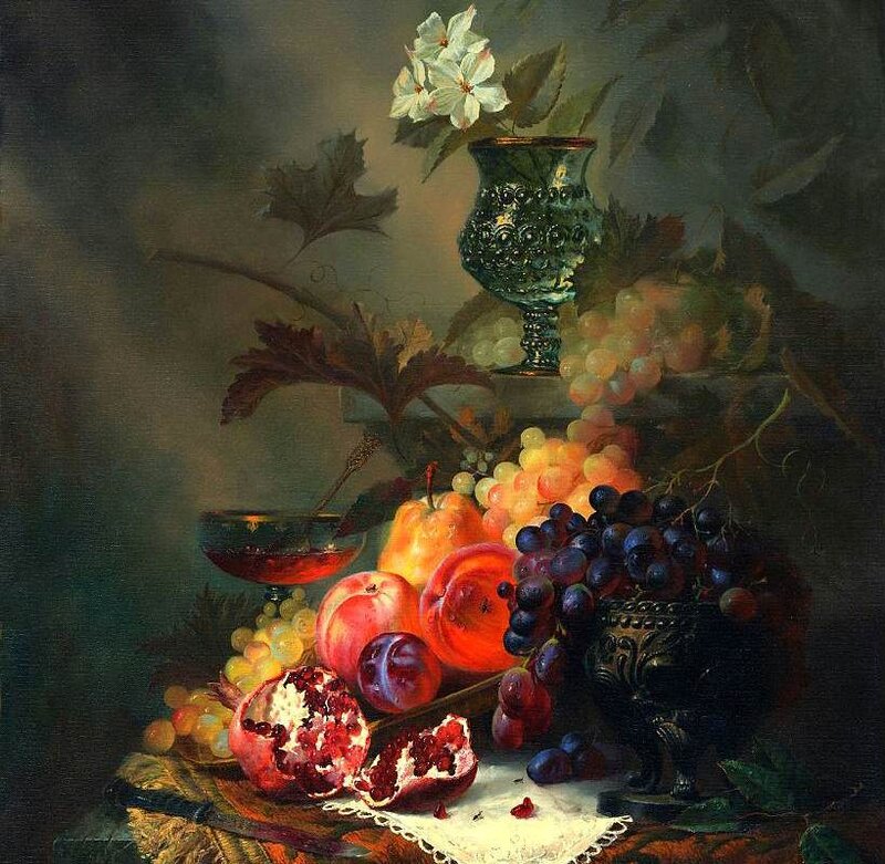 Still Life with Fruit — Green, Dramatic, Painting, Grapes