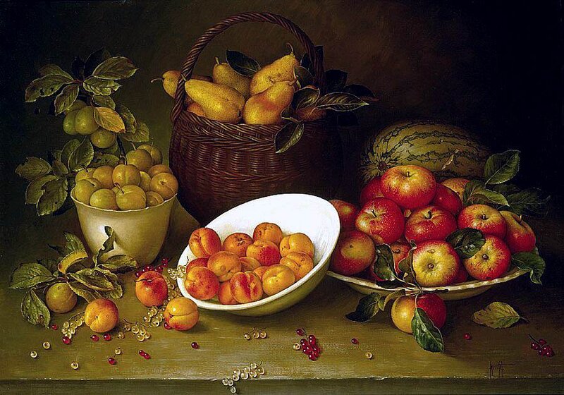 Still Life with Fruit — Green, Dramatic, Painting
