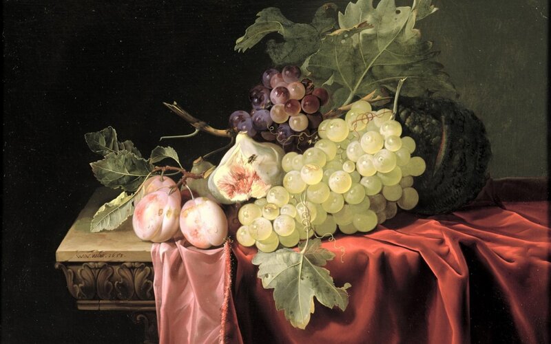 Still Life with Fruit — Red, Dramatic, Painting, Grapes