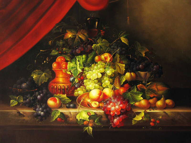 Still Life with Fruit — Red, Dramatic, Painting