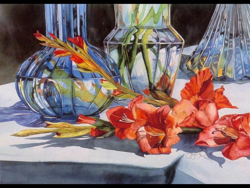 Still life with gladioli and vases