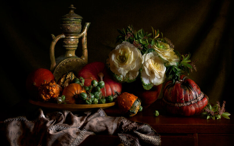 Still Life with Gourds and Flowers