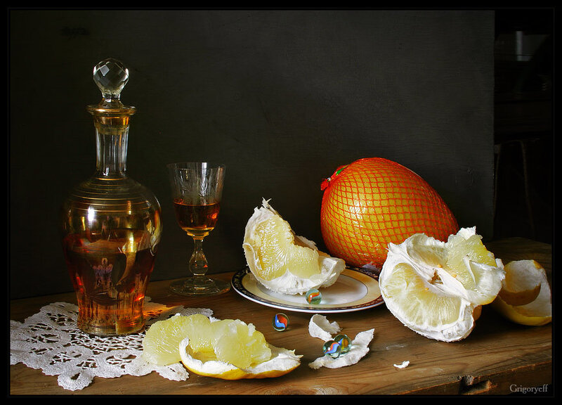 Still life with grapefruit and decanter