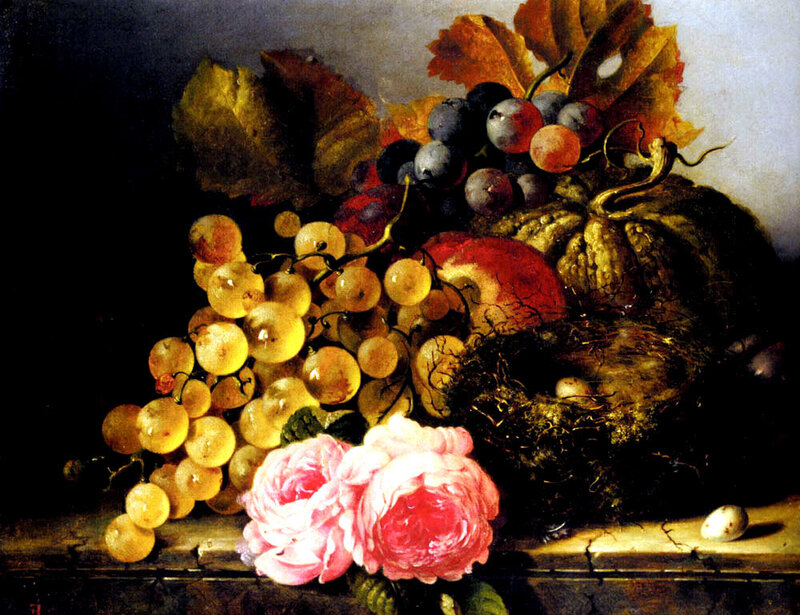 Still life with grapes and roses
