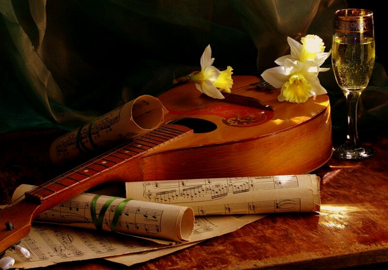 Still life with guitar and flowers