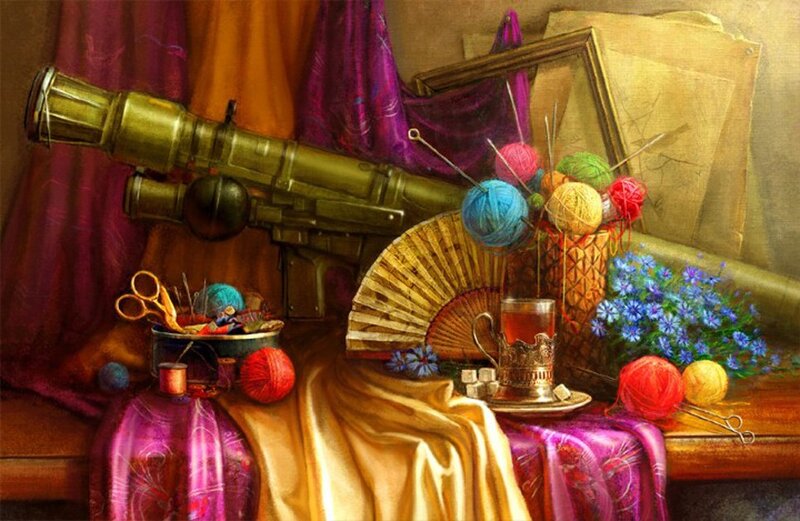 Still life with gun and yarn