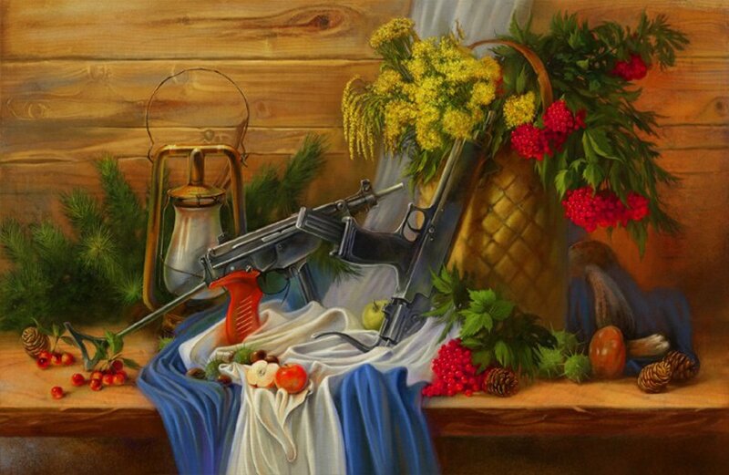 Still life with guns and flowers