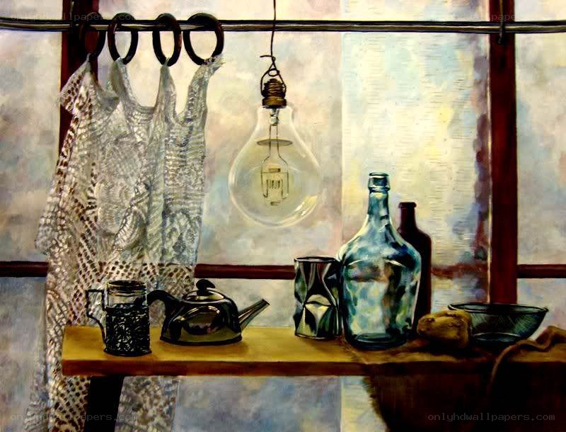 Still life with hanging light bulb
