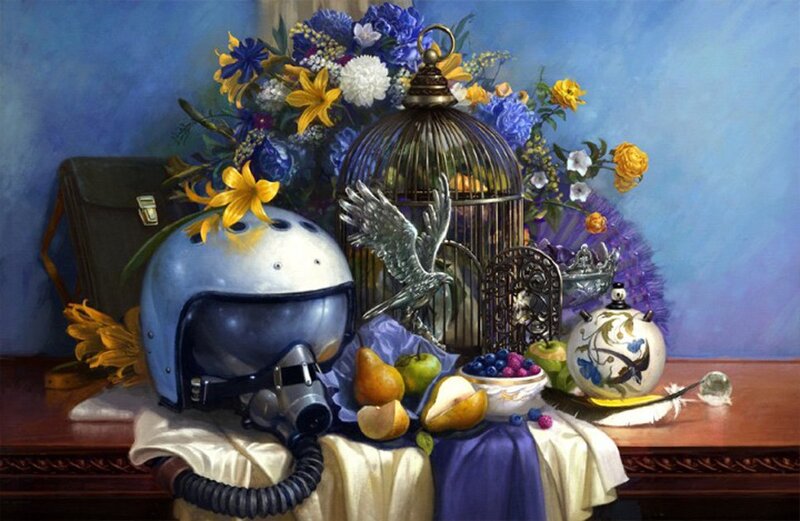 Still life with helmet and flowers