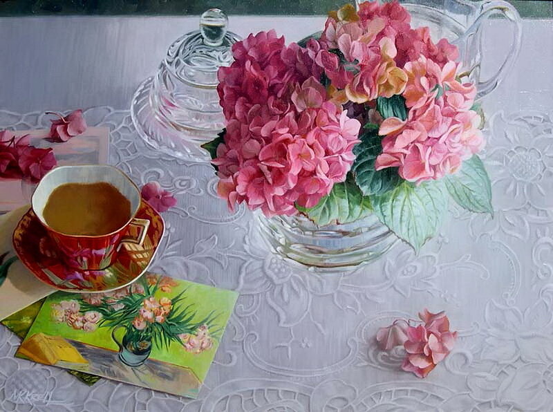 Still life with hydrangeas and tea