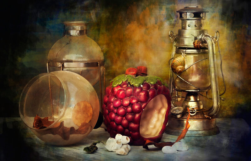 Still Life with Lantern — Brown, Dramatic