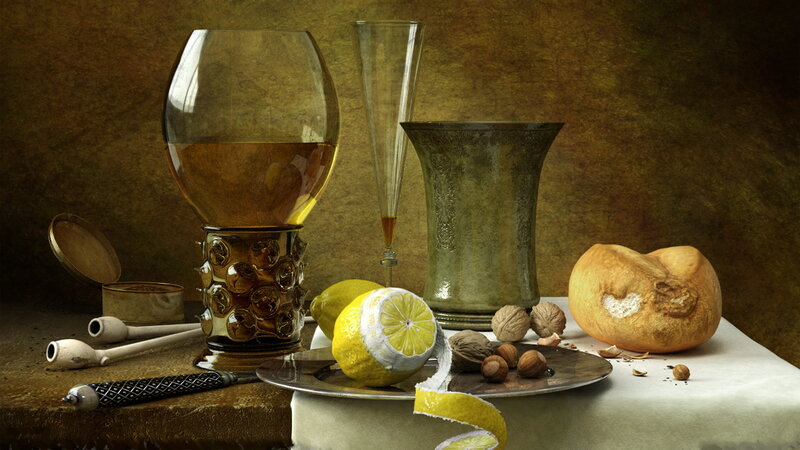 Still life with lemon and wine