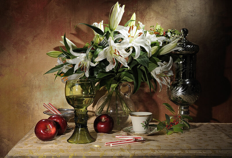 Still Life with Lilies and Apples — Brown