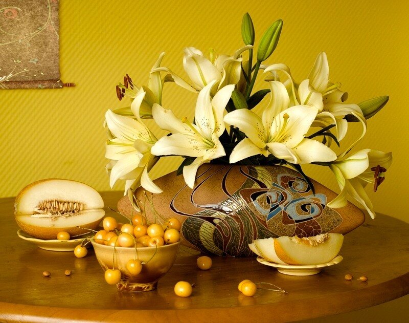 Still life with lilies and fruit