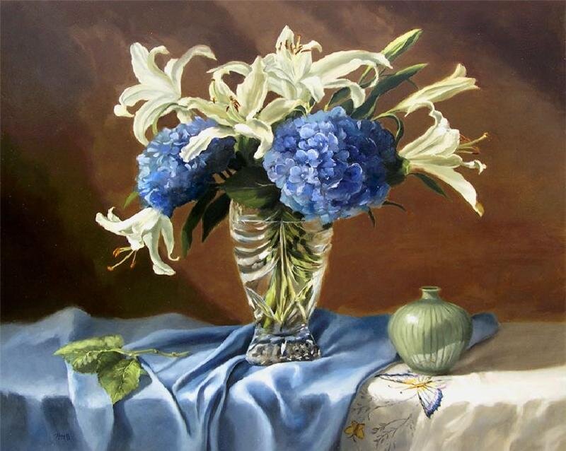 Still life with lilies and hydrangeas