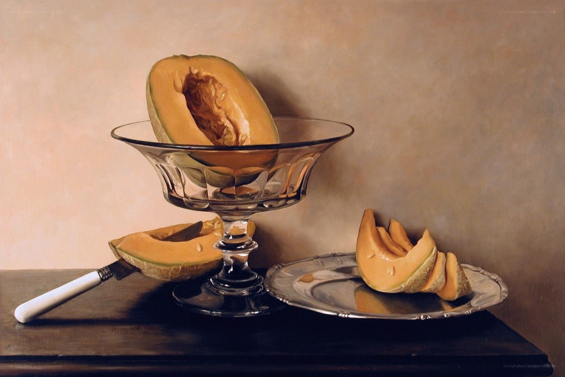Still life with melon and glass bowl
