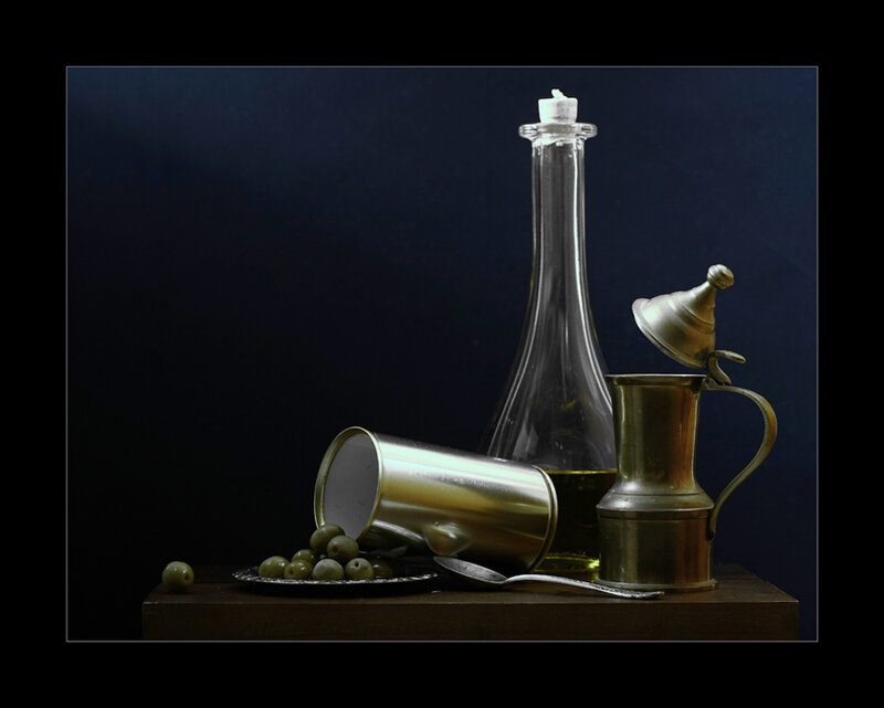 Still life with olives and decanter