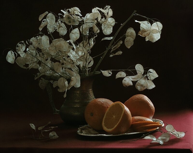 Still life with oranges and flowers