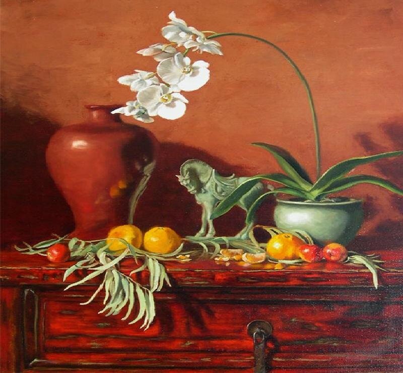 Still life with orchid and fruit